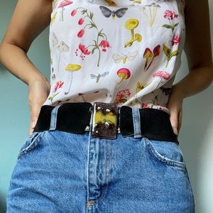 vintage suede glass tie belt. handmade abstract glass statement piece black